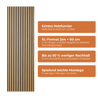 Akustikpaneel Premium Eiche – Filz Schwarz 244 × 60 cm