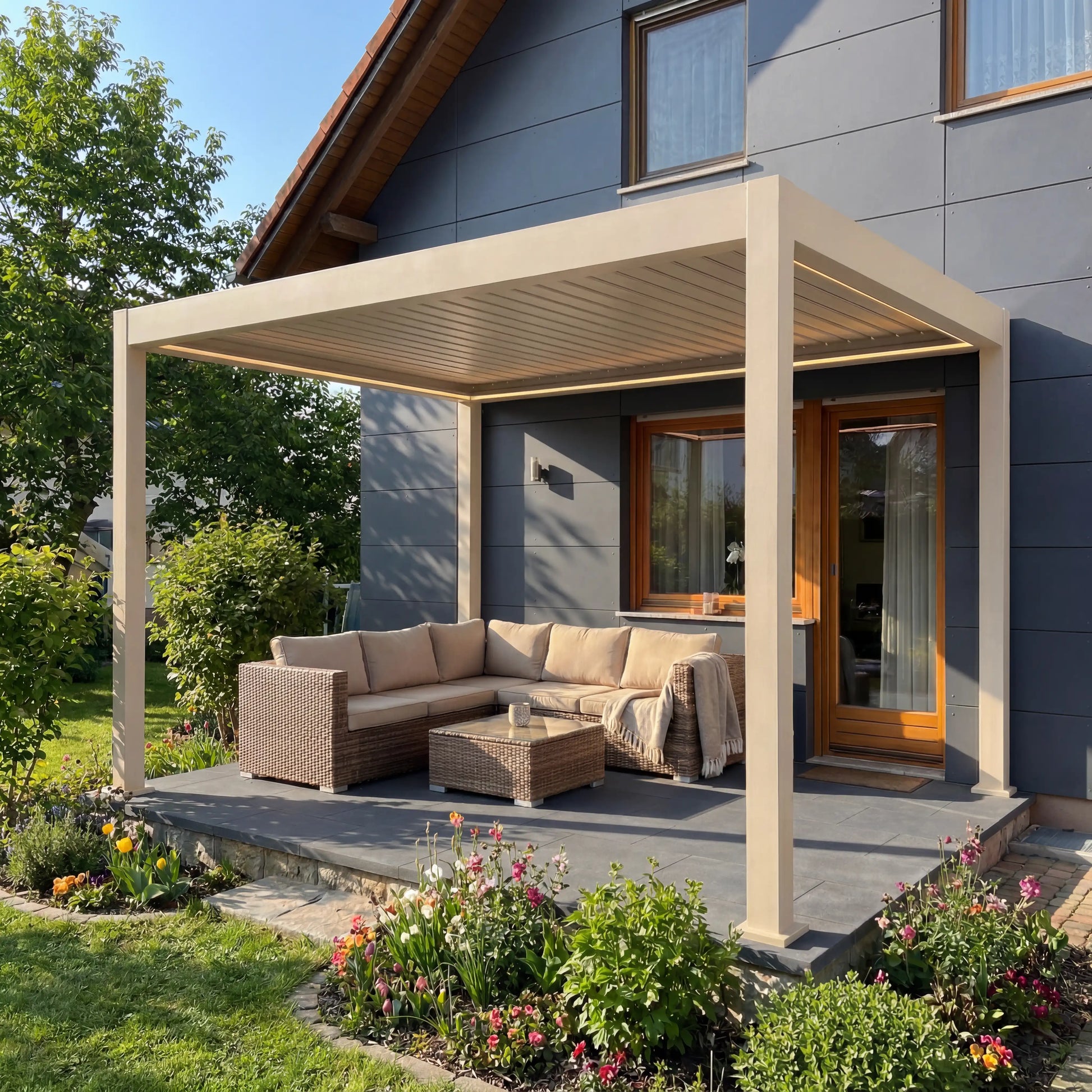 SkyShade Pro 3x3m Aluminium-Pergola mit LED & App-Steuerung – Seidengrau