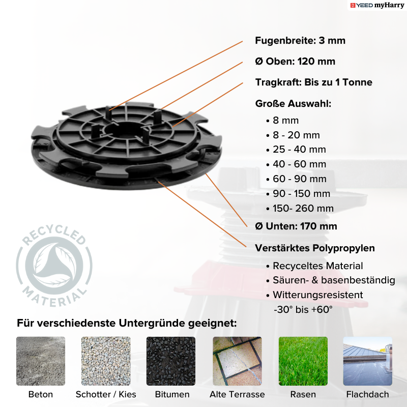 Stelzlager höhenverstellbar 8-20mm für Terrassenplatten YEED